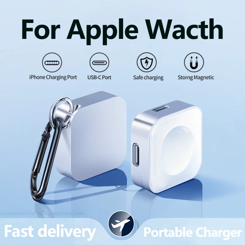 "Ultra-Fast Portable Wireless Charger for Apple Watch S9/8/7/6/5/4/3/2/1 SE - Dual Type C & Lightning Interface!"