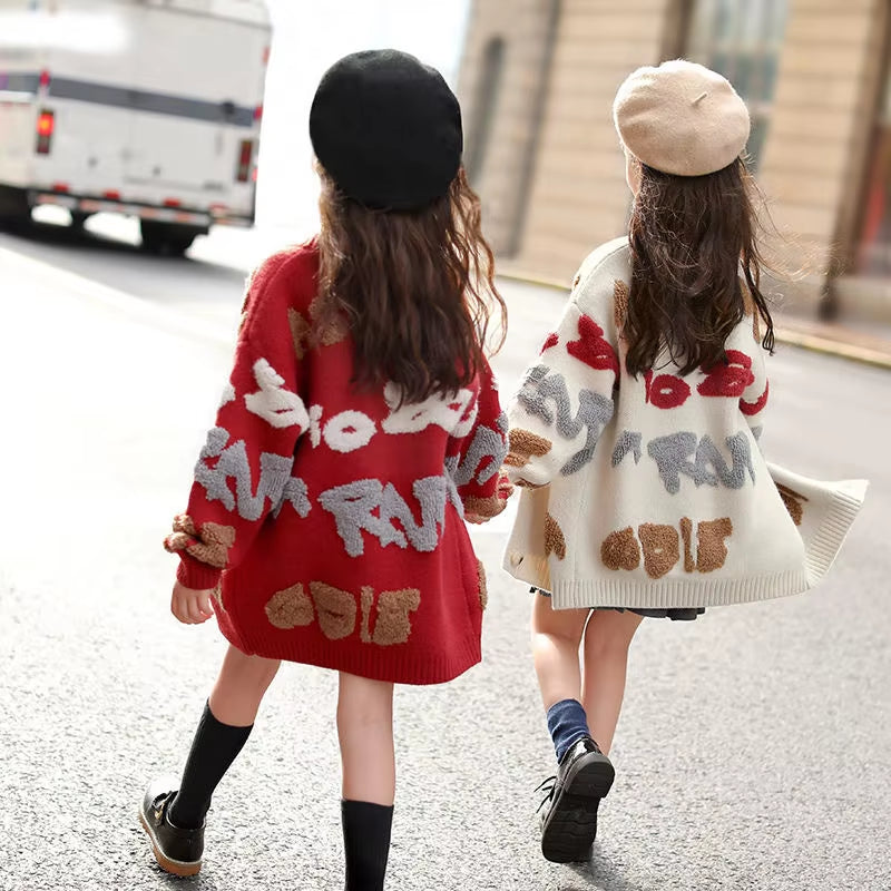 Embroidered Knit Cardigan Sweater for Girls - Loose Fit, Thick Long Overcoat