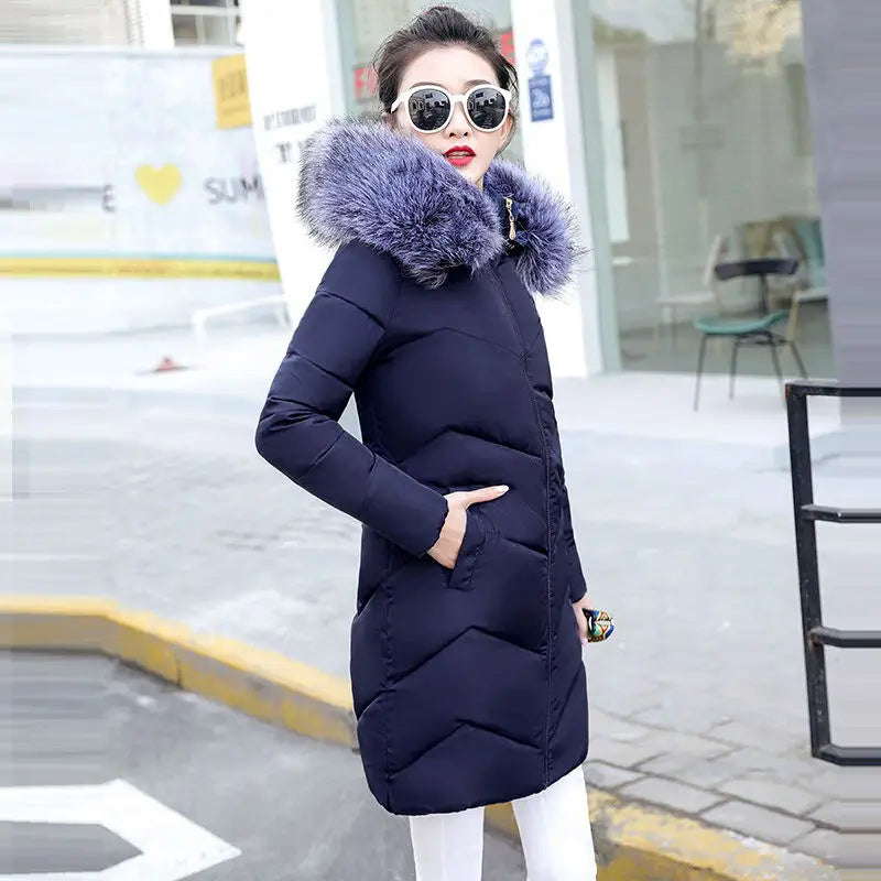 "Cozy Chic: 2023 Women's Plus Size 7XL Hooded Winter Parka with Faux Fur Collar - Warm Down Cotton Coat"