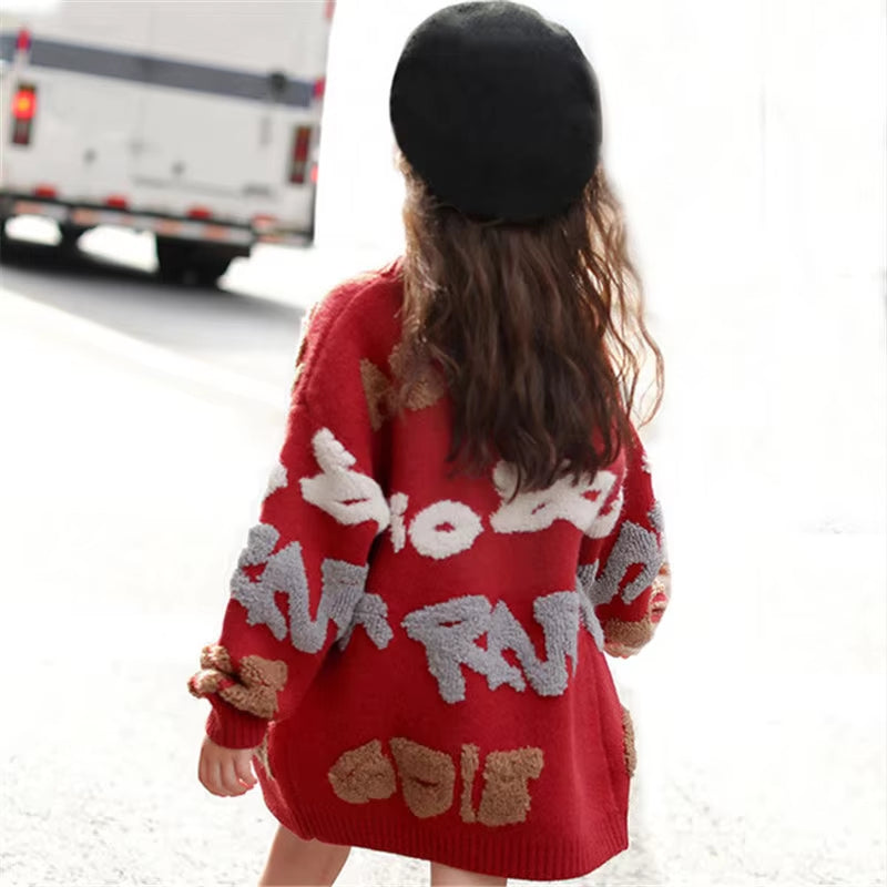 Embroidered Knit Cardigan Sweater for Girls - Loose Fit, Thick Long Overcoat