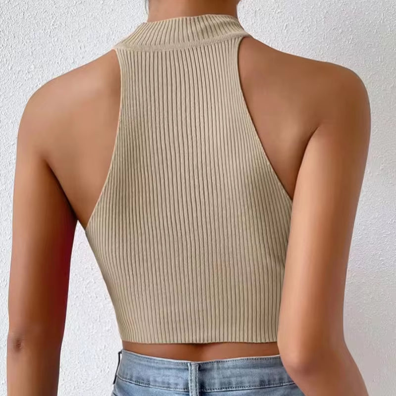 Chic Y2K Ribbed Halter Crop Top - Slim Fitted Sleeveless Turtleneck for Women