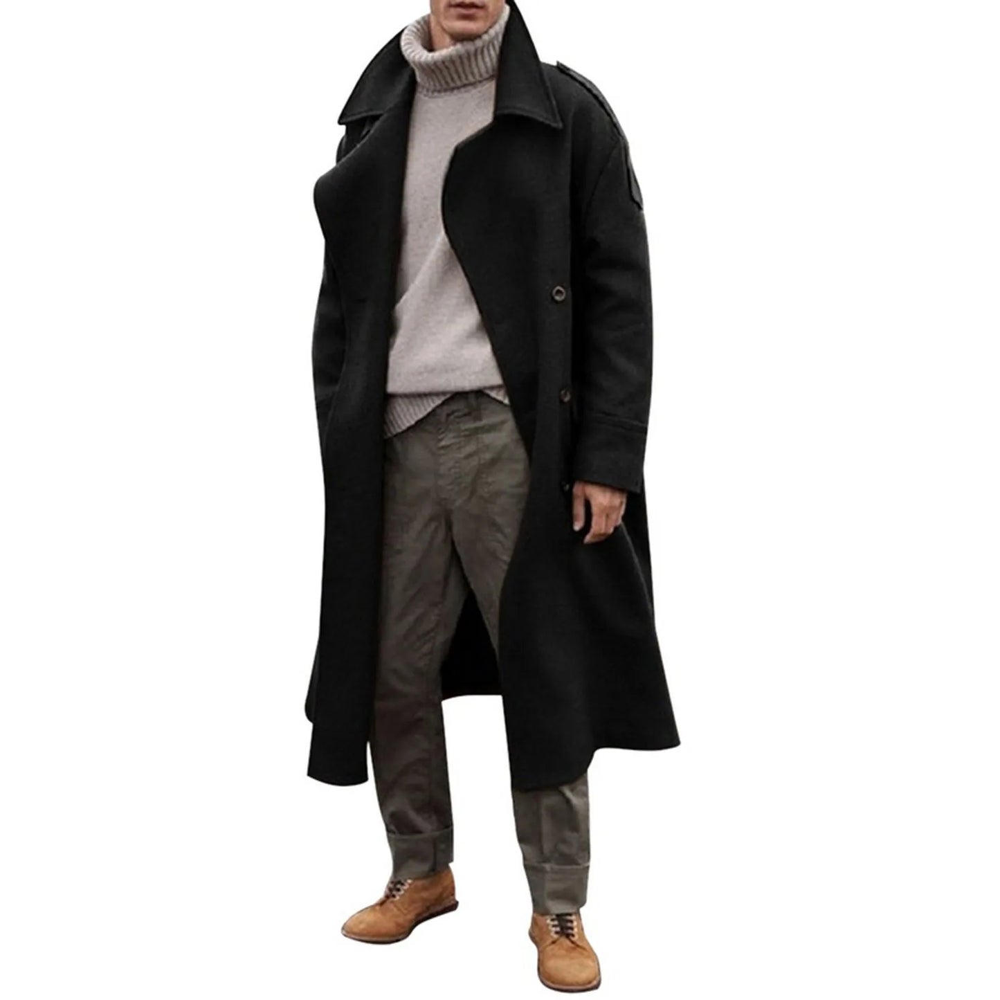 "2021 Men's Fashion Trench Coat - Stylish Casual Overcoat with Punk Flair, Long Sleeves & Turn-Down Collar"