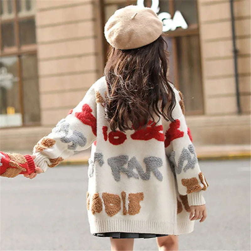 Embroidered Knit Cardigan Sweater for Girls - Loose Fit, Thick Long Overcoat