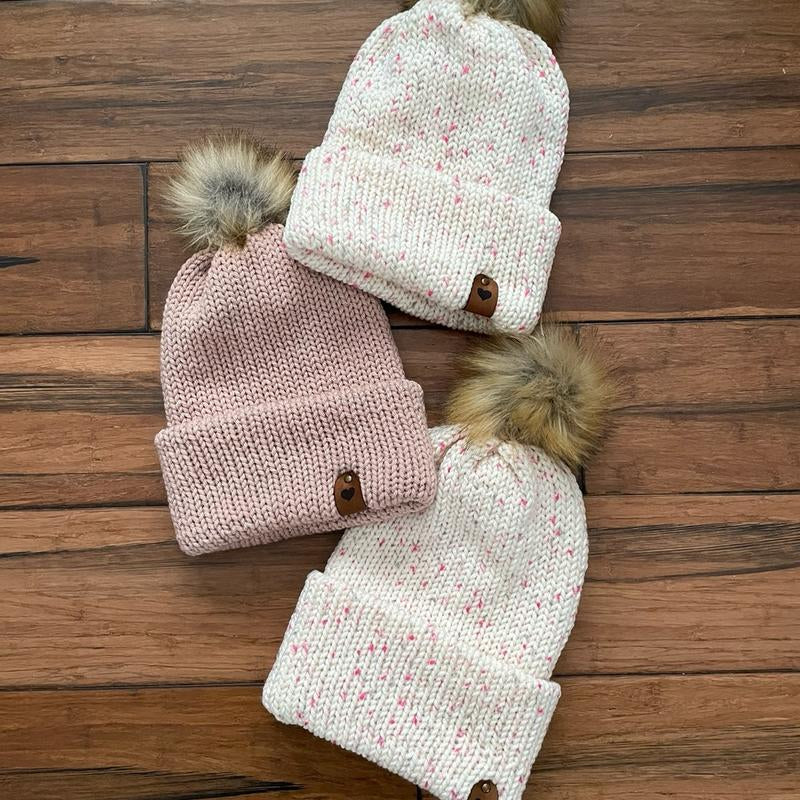 Blush Pink Knitted Beanie with Pompom - Winter Hat for Children and Adults!