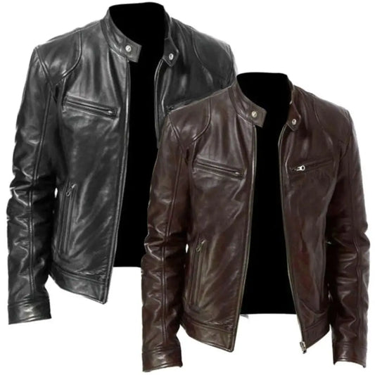 "Stylish Men's Faux Leather Motorcycle Jacket - Slim Fit, Long Sleeve Stand Collar Coat for Autumn"