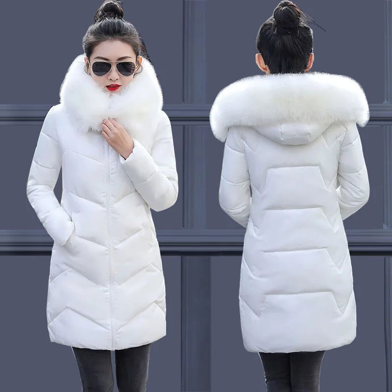 "Cozy Chic: 2023 Women's Plus Size 7XL Hooded Winter Parka with Faux Fur Collar - Warm Down Cotton Coat"