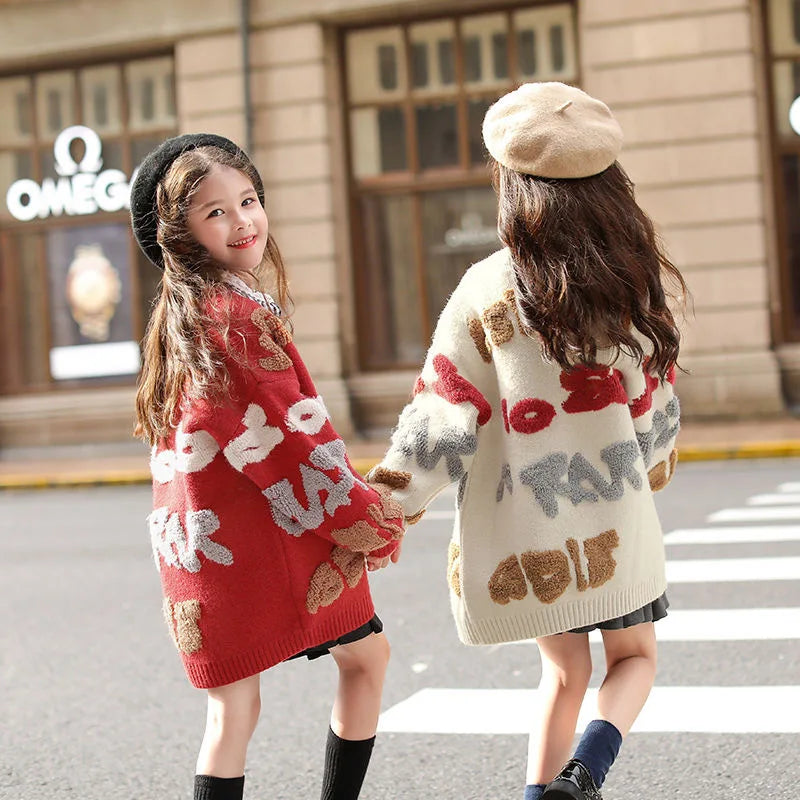 Embroidered Knit Cardigan Sweater for Girls - Loose Fit, Thick Long Overcoat