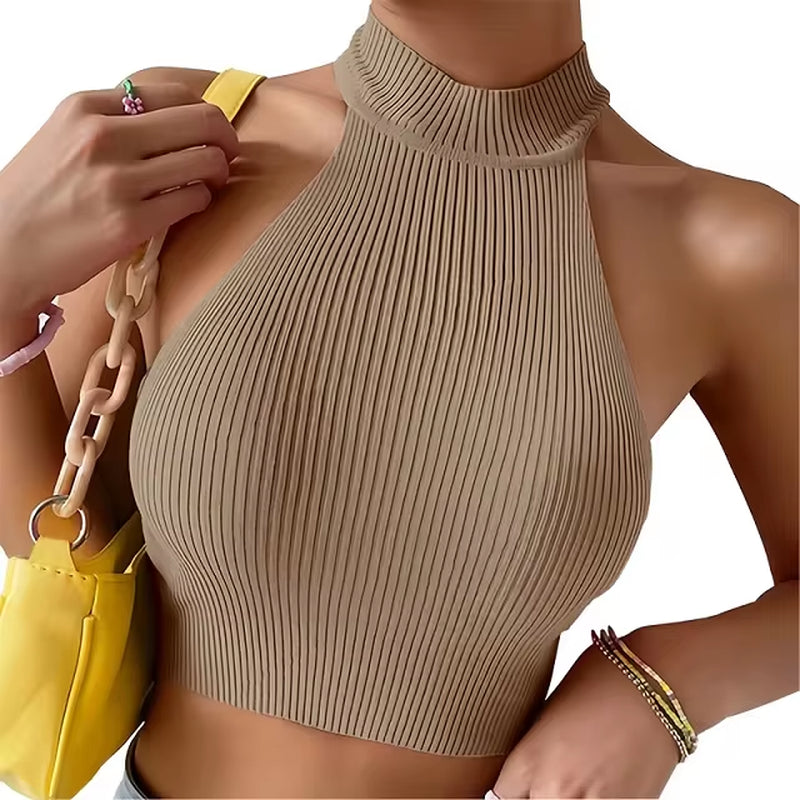 Chic Y2K Ribbed Halter Crop Top - Slim Fitted Sleeveless Turtleneck for Women