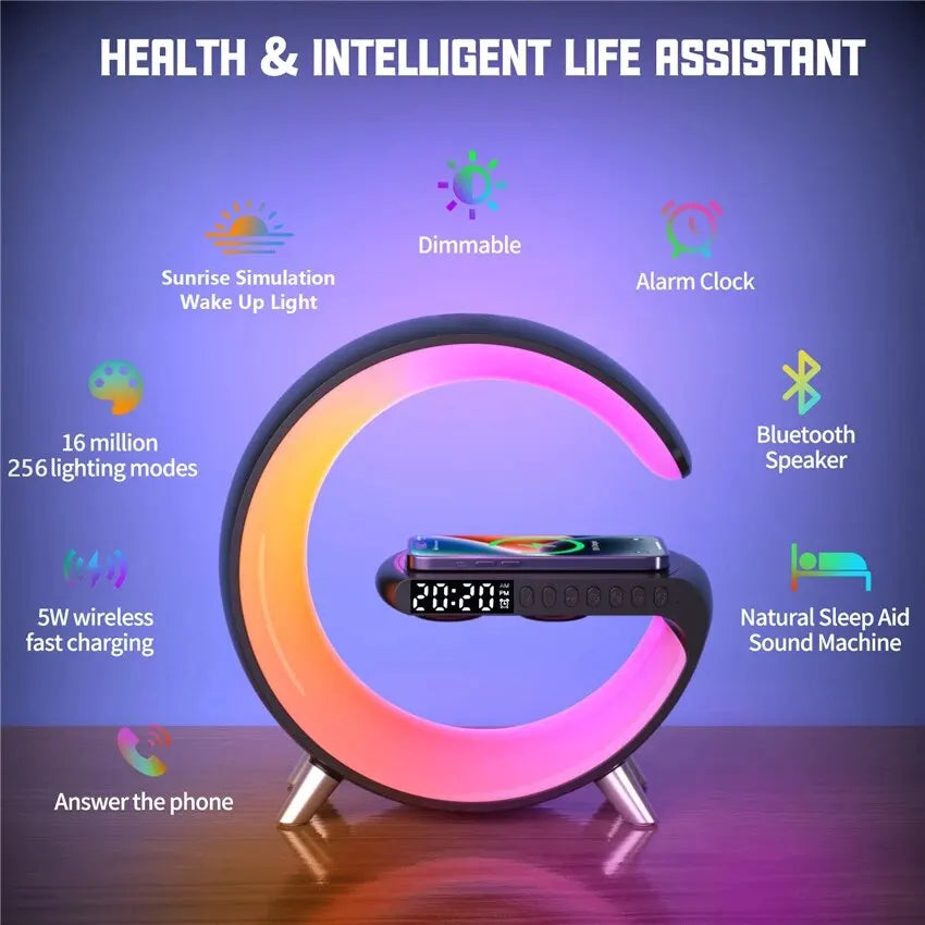 Ultimate 4-in-1 Wireless Charger Stand: Alarm Clock, Bluetooth Speaker, LED RGB Night Light & Fast Charging for iPhone & Samsung 