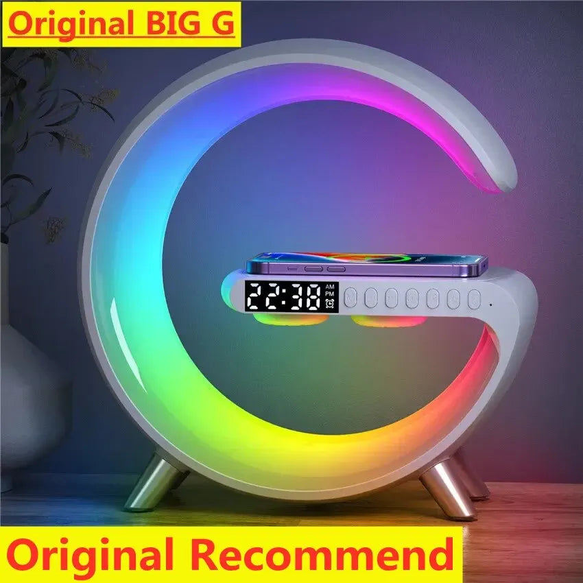 Ultimate 4-in-1 Wireless Charger Stand: Alarm Clock, Bluetooth Speaker, LED RGB Night Light & Fast Charging for iPhone & Samsung 