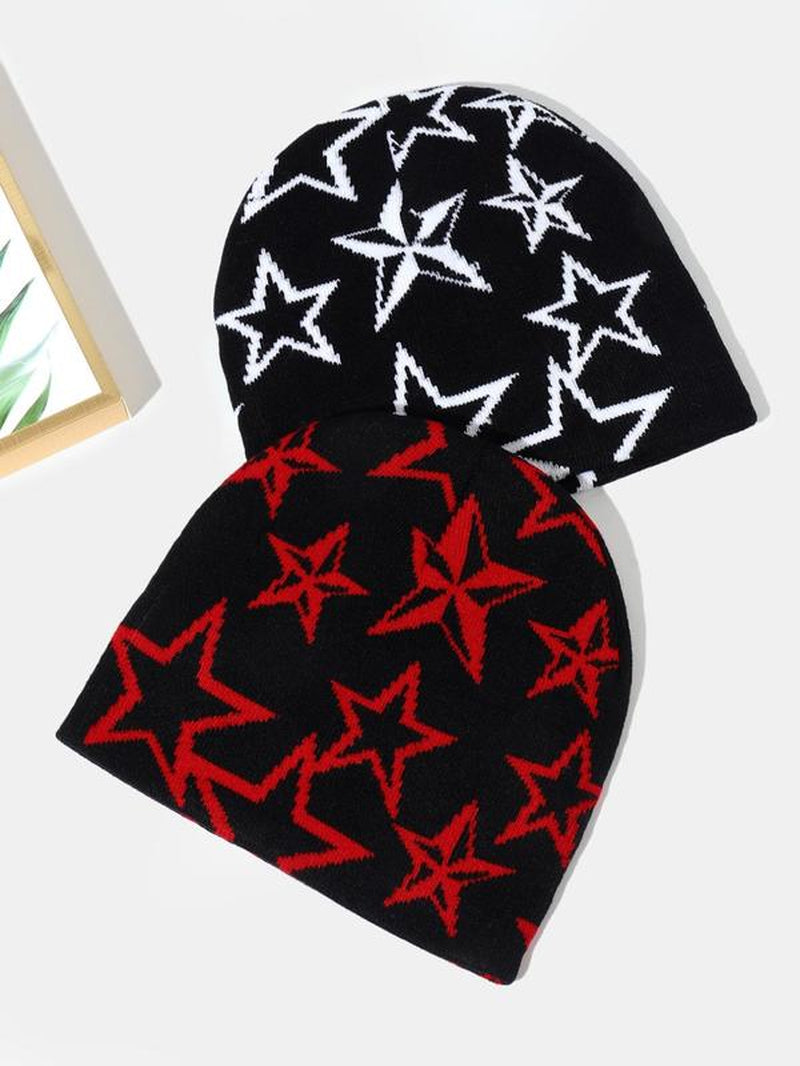 Color Block Star Print Jacquard Beanie Hat, Winter Warm Skullies, Knitted Pullover Hat, Casual Outdoor Sports Hat for Men & Women