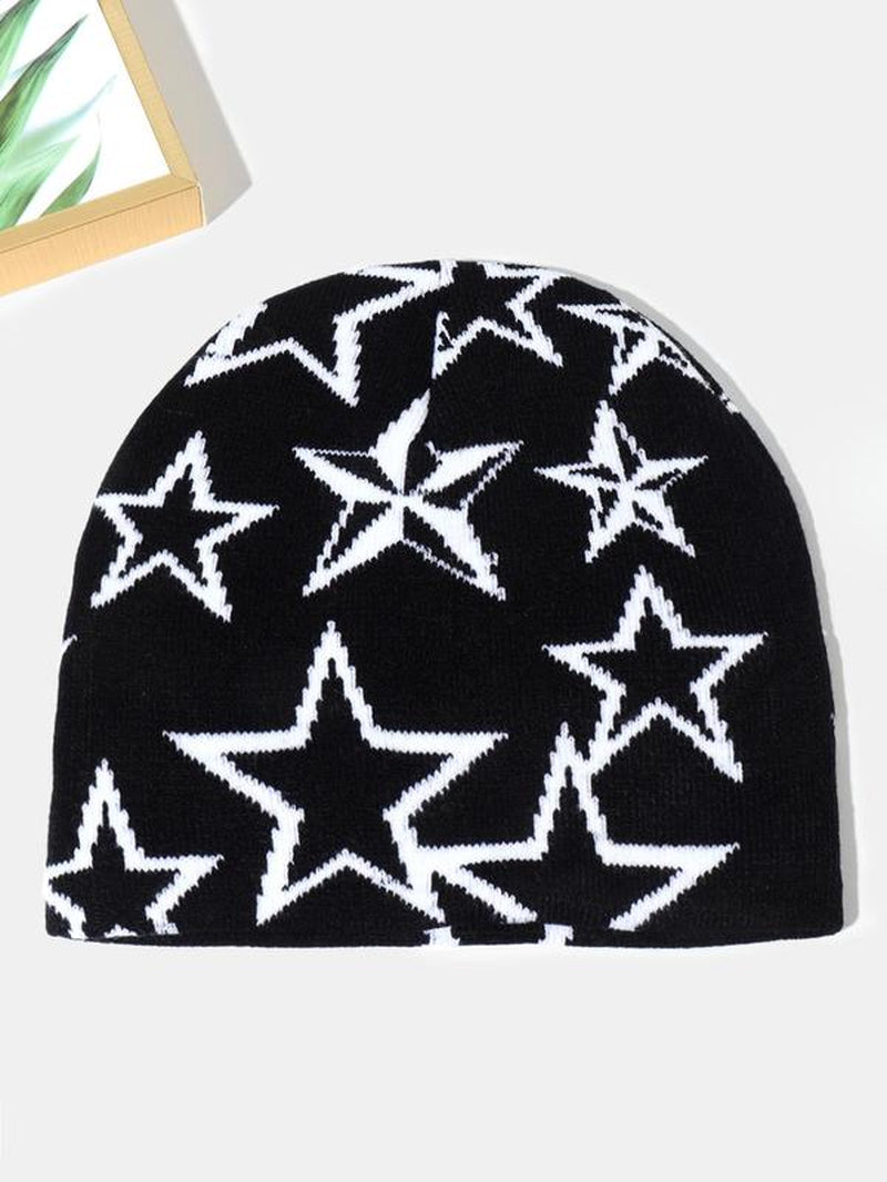 Color Block Star Print Jacquard Beanie Hat, Winter Warm Skullies, Knitted Pullover Hat, Casual Outdoor Sports Hat for Men & Women