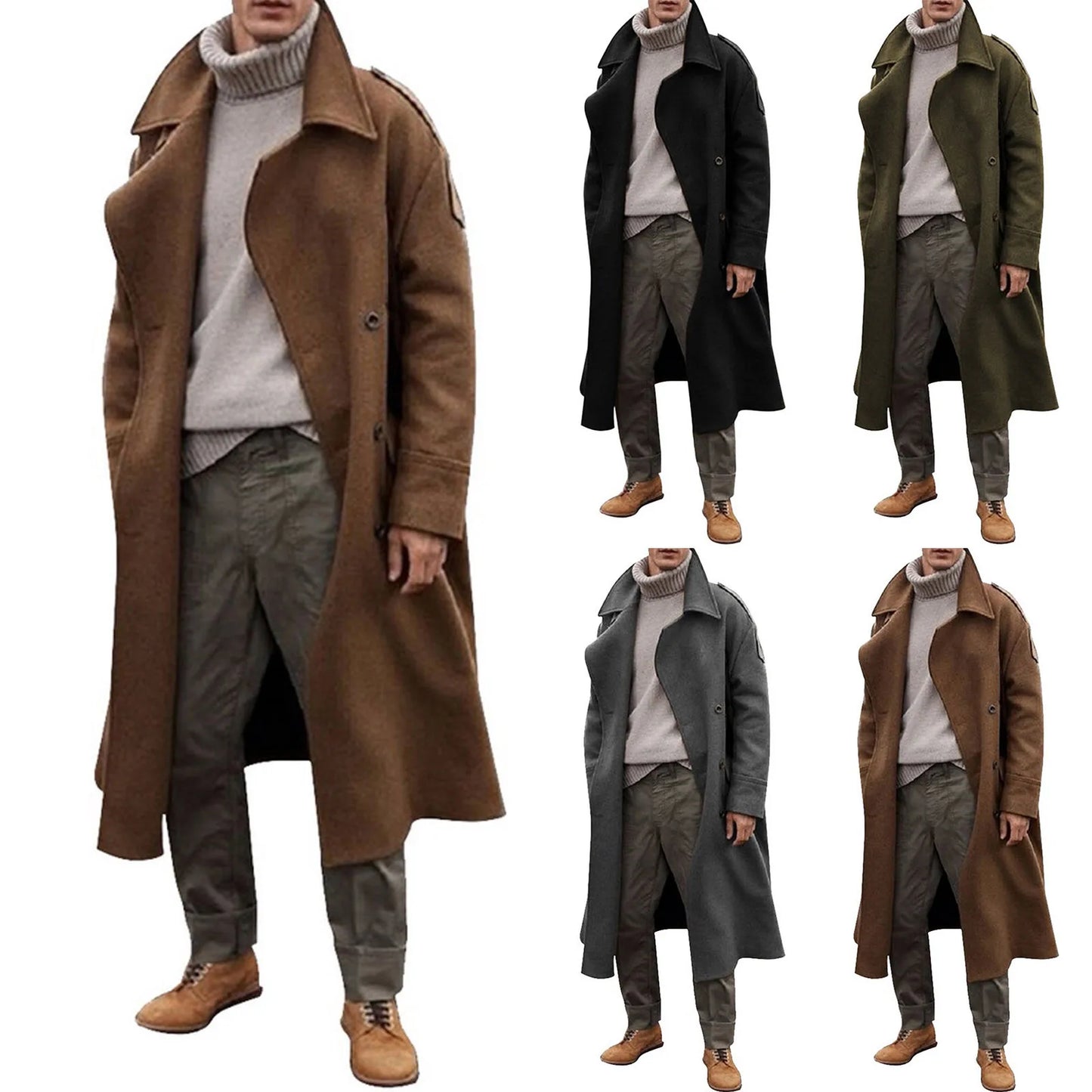 "2021 Men's Fashion Trench Coat - Stylish Casual Overcoat with Punk Flair, Long Sleeves & Turn-Down Collar"