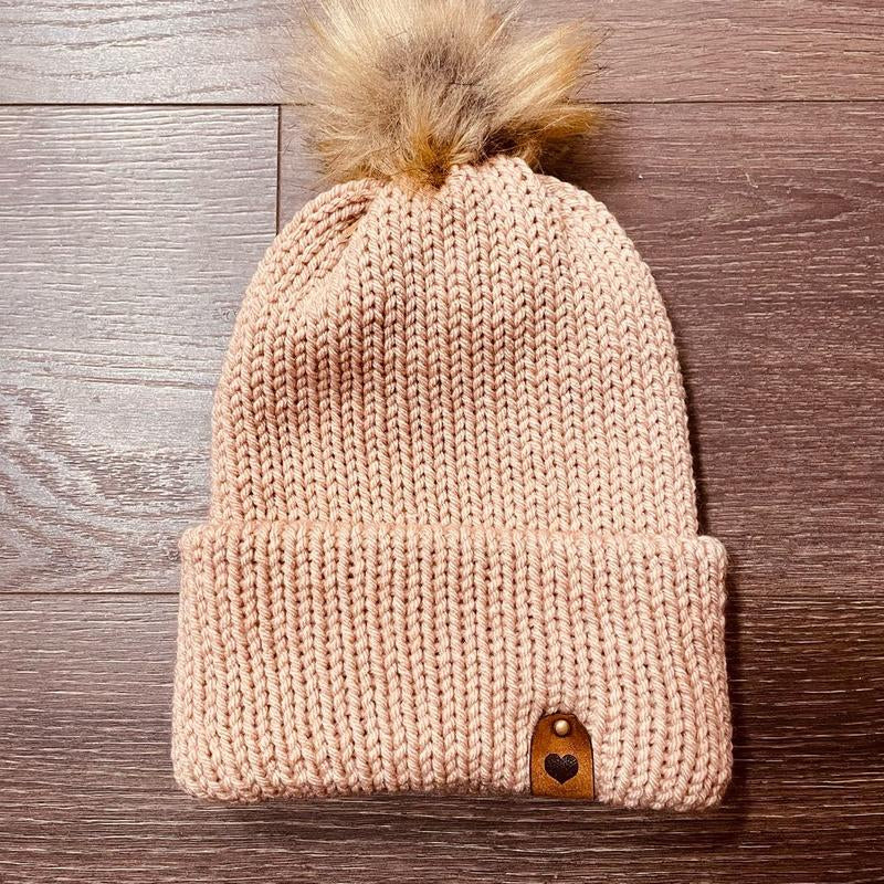 Blush Pink Knitted Beanie with Pompom - Winter Hat for Children and Adults!