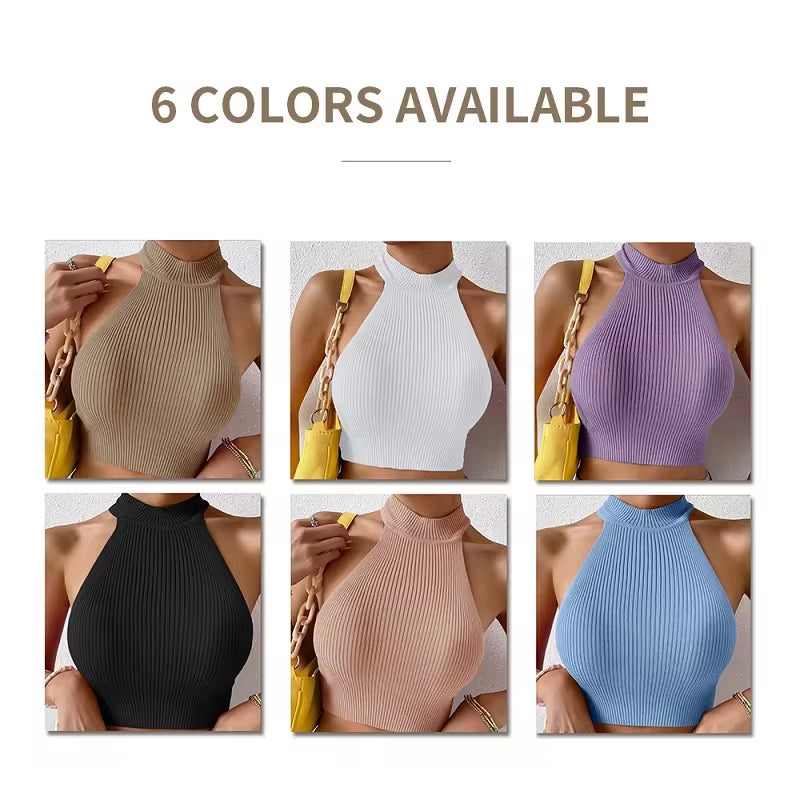 Chic Y2K Ribbed Halter Crop Top - Slim Fitted Sleeveless Turtleneck for Women