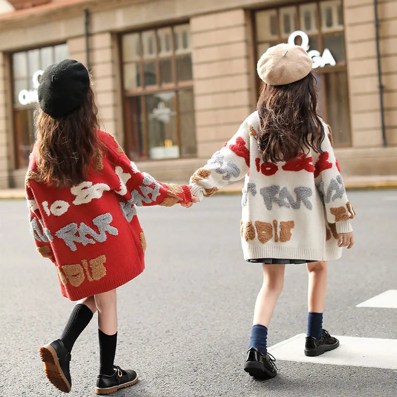 Embroidered Knit Cardigan Sweater for Girls - Loose Fit, Thick Long Overcoat