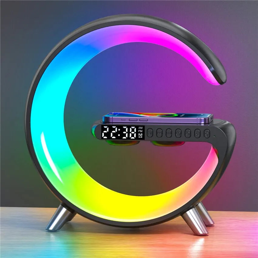 Ultimate 4-in-1 Wireless Charger Stand: Alarm Clock, Bluetooth Speaker, LED RGB Night Light & Fast Charging for iPhone & Samsung 