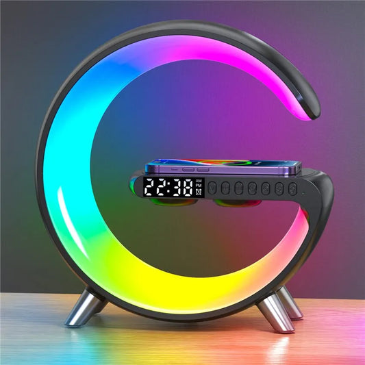 Ultimate 4-in-1 Wireless Charger Stand: Alarm Clock, Bluetooth Speaker, LED RGB Night Light & Fast Charging for iPhone & Samsung 