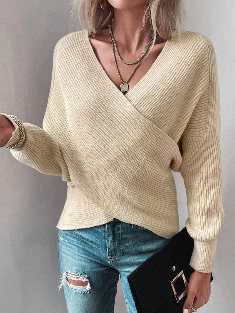 Chic Women's V-Neck Criss Cross Batwing Sleeve Sweater - Cozy Casual Jumper for Fall & Winter!