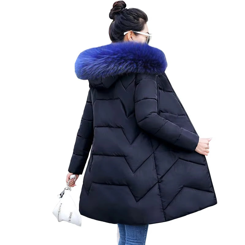 "Cozy Chic: 2023 Women's Plus Size 7XL Hooded Winter Parka with Faux Fur Collar - Warm Down Cotton Coat"