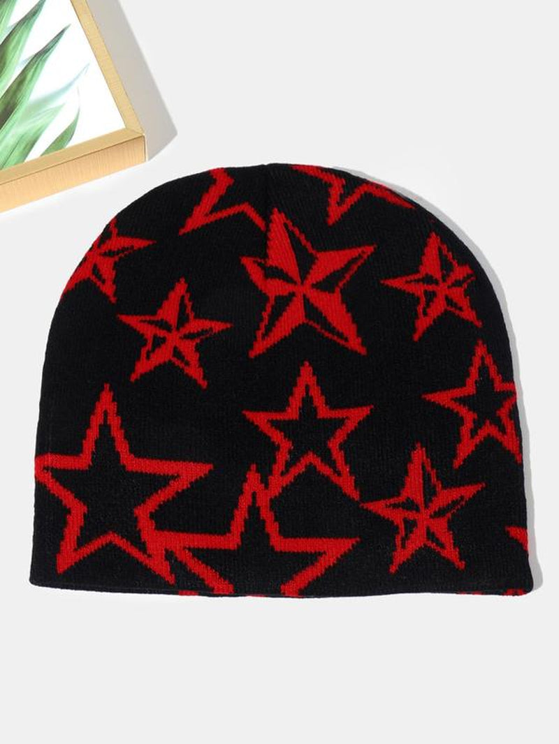 Color Block Star Print Jacquard Beanie Hat, Winter Warm Skullies, Knitted Pullover Hat, Casual Outdoor Sports Hat for Men & Women